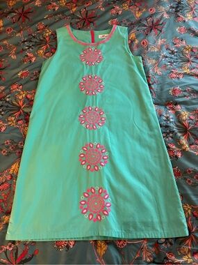 Girls Vineyard Vines Turquoise Shift Dress with Pink Medallion Embroidery!